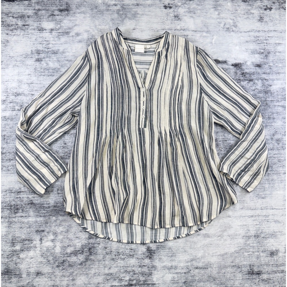 Zac & Rachel Striped Split Neck Pleated Blouse Navy Blue Cream XL